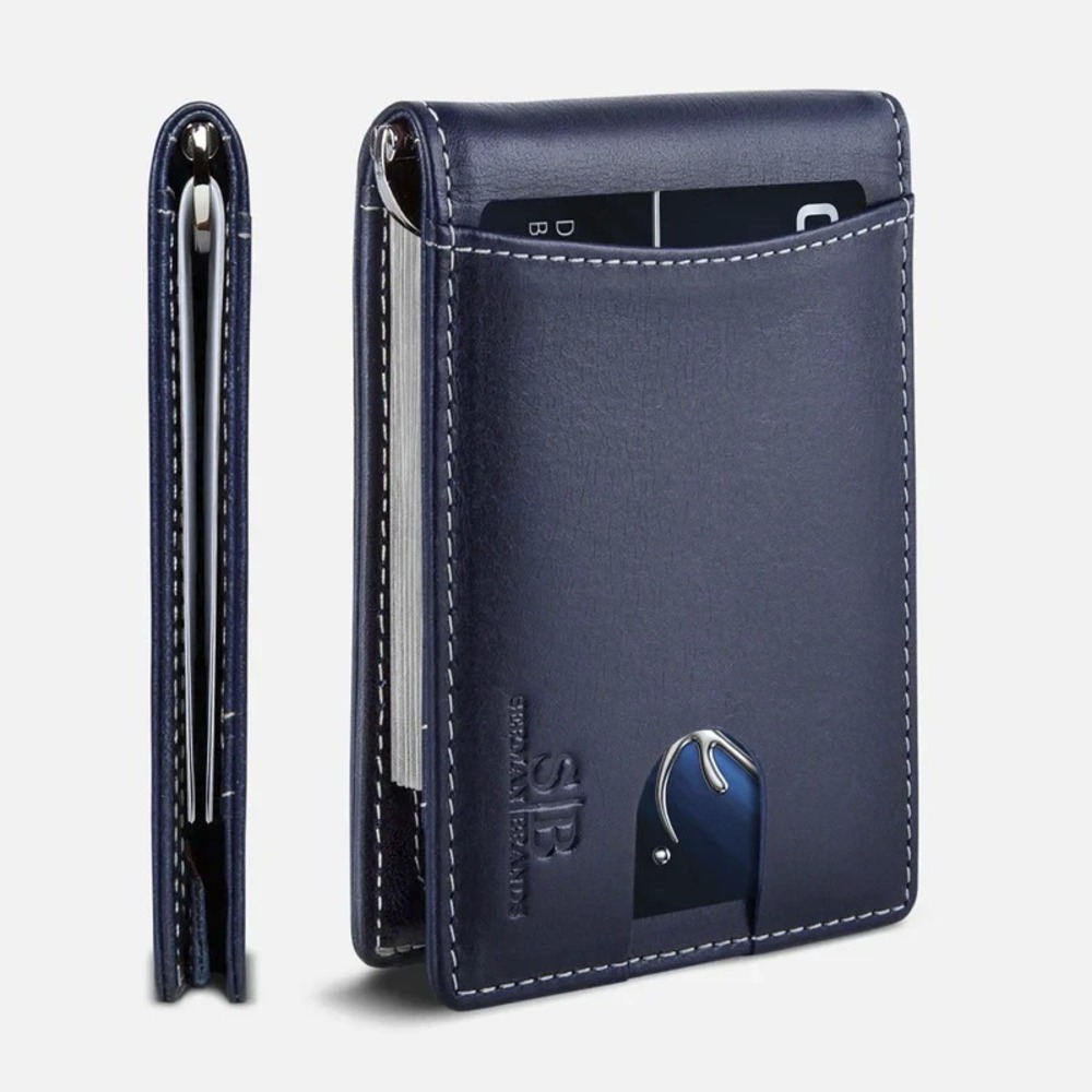 Serman Brands Leather RFID Blocking Slim Bifold Wallet Altlantic Blue Minimalist - Picture 10 of 14